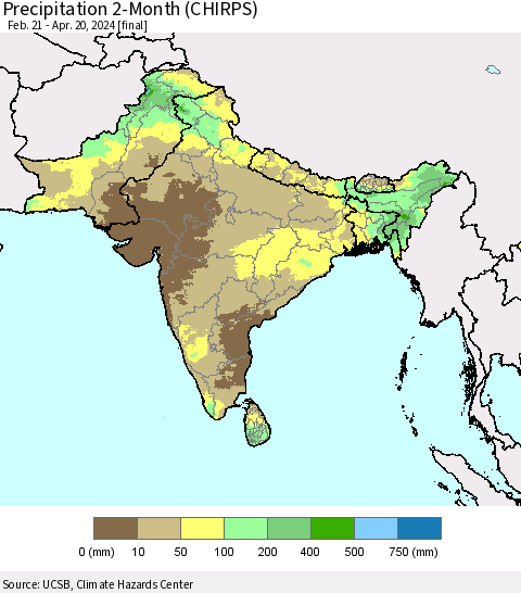Southern Asia Precipitation 2-Month (CHIRPS) Thematic Map For 2/21/2024 - 4/20/2024