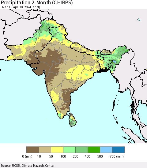 Southern Asia Precipitation 2-Month (CHIRPS) Thematic Map For 3/1/2024 - 4/30/2024