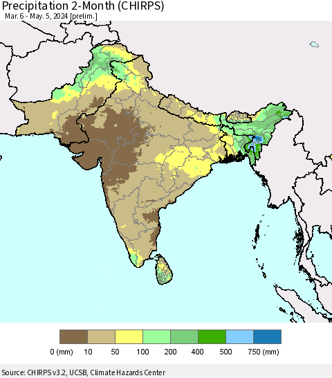 Southern Asia Precipitation 2-Month (CHIRPS) Thematic Map For 3/6/2024 - 5/5/2024
