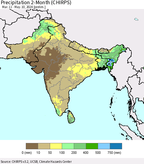 Southern Asia Precipitation 2-Month (CHIRPS) Thematic Map For 3/11/2024 - 5/10/2024
