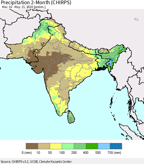 Southern Asia Precipitation 2-Month (CHIRPS) Thematic Map For 3/16/2024 - 5/15/2024