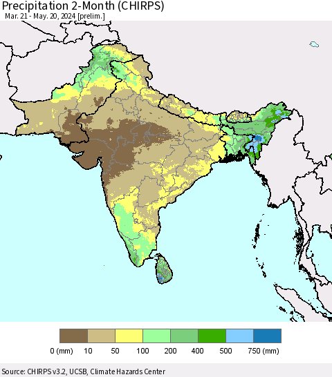 Southern Asia Precipitation 2-Month (CHIRPS) Thematic Map For 3/21/2024 - 5/20/2024