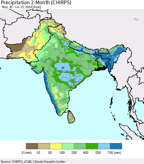 Southern Asia Precipitation 2-Month (CHIRPS) Thematic Map For 5/26/2024 - 7/25/2024