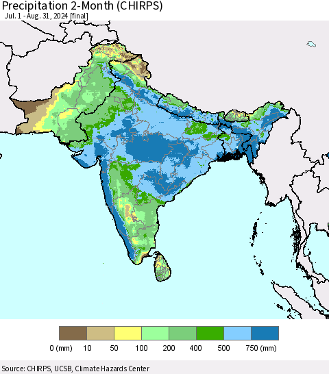 Southern Asia Precipitation 2-Month (CHIRPS) Thematic Map For 7/1/2024 - 8/31/2024