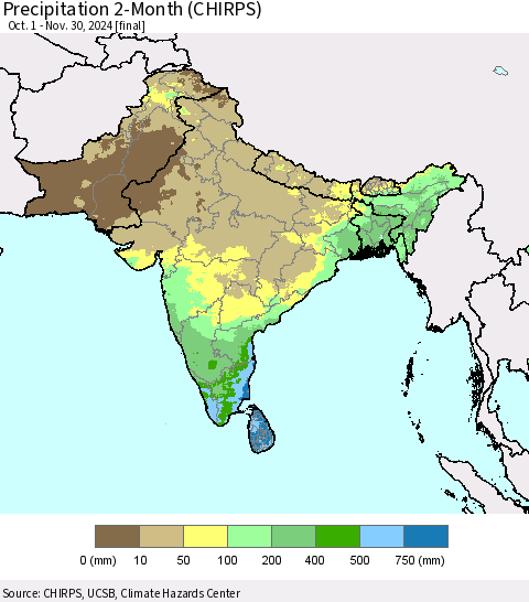 Southern Asia Precipitation 2-Month (CHIRPS) Thematic Map For 10/1/2024 - 11/30/2024