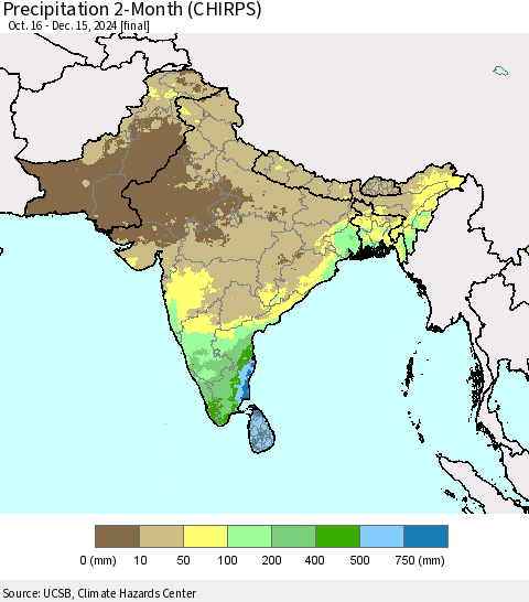 Southern Asia Precipitation 2-Month (CHIRPS) Thematic Map For 10/16/2024 - 12/15/2024
