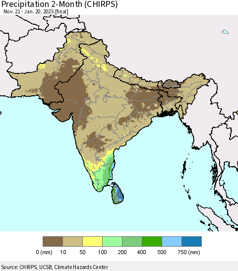 Southern Asia Precipitation 2-Month (CHIRPS) Thematic Map For 11/21/2024 - 1/20/2025