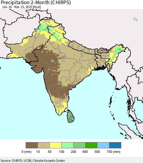 Southern Asia Precipitation 2-Month (CHIRPS) Thematic Map For 1/16/2025 - 3/15/2025