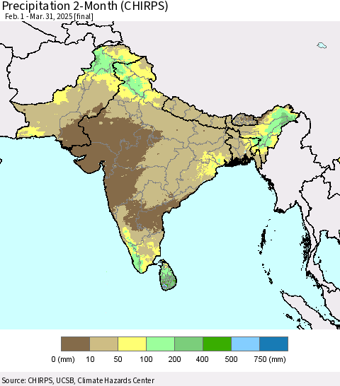 Southern Asia Precipitation 2-Month (CHIRPS) Thematic Map For 2/1/2025 - 3/31/2025