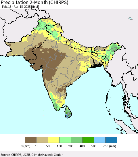 Southern Asia Precipitation 2-Month (CHIRPS) Thematic Map For 2/16/2025 - 4/15/2025