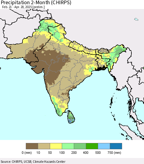 Southern Asia Precipitation 2-Month (CHIRPS) Thematic Map For 2/21/2025 - 4/20/2025