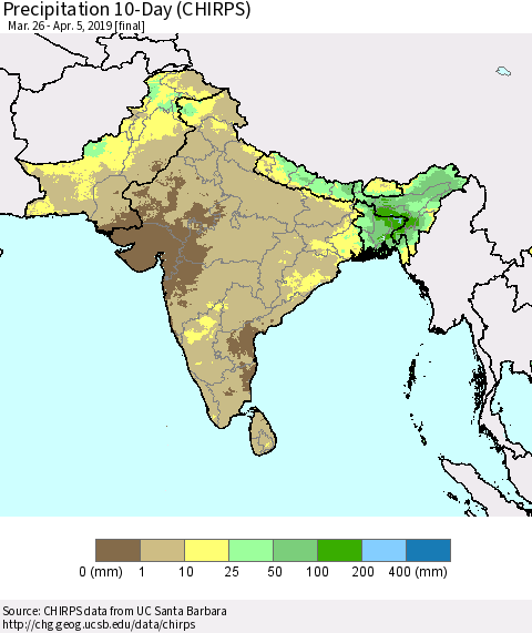 Southern Asia Precipitation 10-Day (CHIRPS) Thematic Map For 3/26/2019 - 4/5/2019
