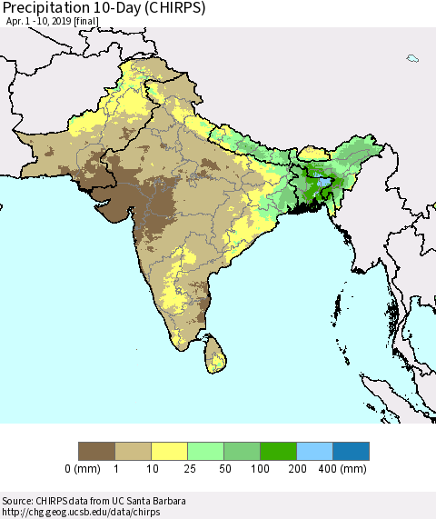 Southern Asia Precipitation 10-Day (CHIRPS) Thematic Map For 4/1/2019 - 4/10/2019
