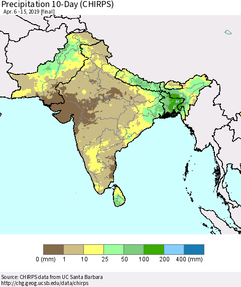 Southern Asia Precipitation 10-Day (CHIRPS) Thematic Map For 4/6/2019 - 4/15/2019
