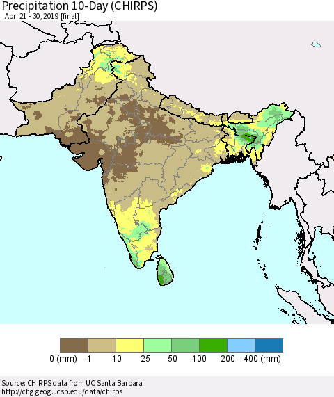 Southern Asia Precipitation 10-Day (CHIRPS) Thematic Map For 4/21/2019 - 4/30/2019