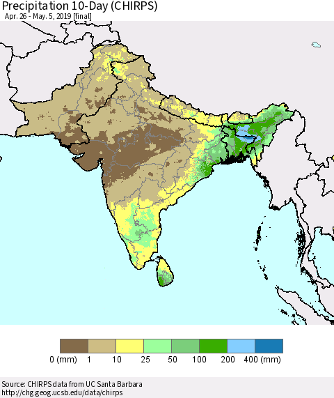 Southern Asia Precipitation 10-Day (CHIRPS) Thematic Map For 4/26/2019 - 5/5/2019