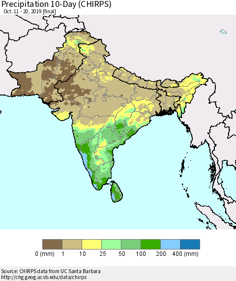 Southern Asia Precipitation 10-Day (CHIRPS) Thematic Map For 10/11/2019 - 10/20/2019