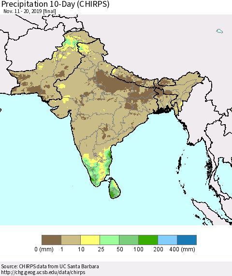 Southern Asia Precipitation 10-Day (CHIRPS) Thematic Map For 11/11/2019 - 11/20/2019