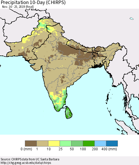 Southern Asia Precipitation 10-Day (CHIRPS) Thematic Map For 11/16/2019 - 11/25/2019