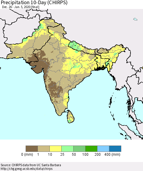 Southern Asia Precipitation 10-Day (CHIRPS) Thematic Map For 12/26/2019 - 1/5/2020