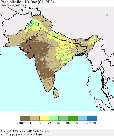 Southern Asia Precipitation 10-Day (CHIRPS) Thematic Map For 2/21/2020 - 2/29/2020