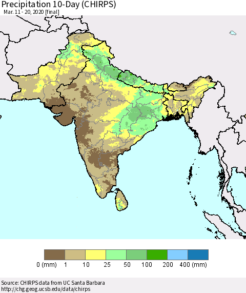 Southern Asia Precipitation 10-Day (CHIRPS) Thematic Map For 3/11/2020 - 3/20/2020