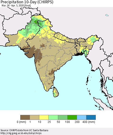 Southern Asia Precipitation 10-Day (CHIRPS) Thematic Map For 3/26/2020 - 4/5/2020