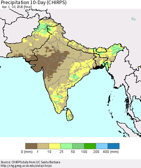 Southern Asia Precipitation 10-Day (CHIRPS) Thematic Map For 4/1/2020 - 4/10/2020