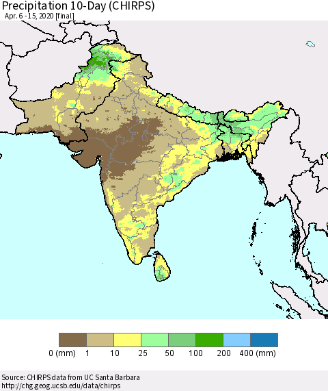 Southern Asia Precipitation 10-Day (CHIRPS) Thematic Map For 4/6/2020 - 4/15/2020