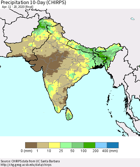 Southern Asia Precipitation 10-Day (CHIRPS) Thematic Map For 4/11/2020 - 4/20/2020