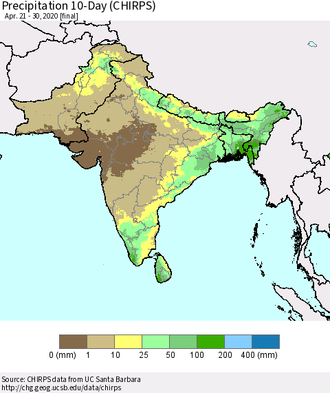 Southern Asia Precipitation 10-Day (CHIRPS) Thematic Map For 4/21/2020 - 4/30/2020