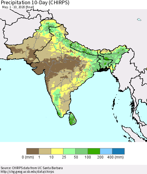 Southern Asia Precipitation 10-Day (CHIRPS) Thematic Map For 5/1/2020 - 5/10/2020