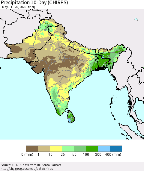 Southern Asia Precipitation 10-Day (CHIRPS) Thematic Map For 5/11/2020 - 5/20/2020
