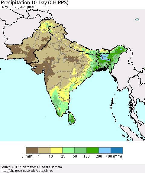 Southern Asia Precipitation 10-Day (CHIRPS) Thematic Map For 5/16/2020 - 5/25/2020