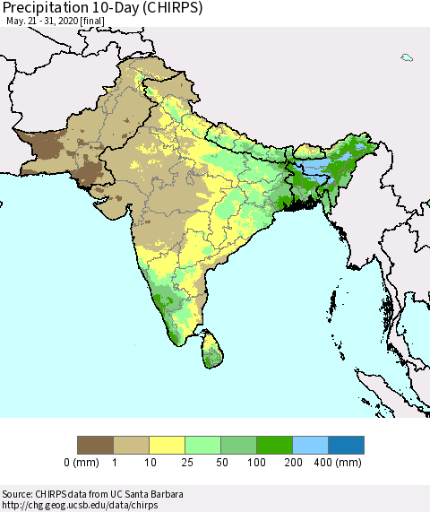Southern Asia Precipitation 10-Day (CHIRPS) Thematic Map For 5/21/2020 - 5/31/2020