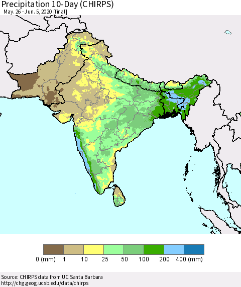 Southern Asia Precipitation 10-Day (CHIRPS) Thematic Map For 5/26/2020 - 6/5/2020