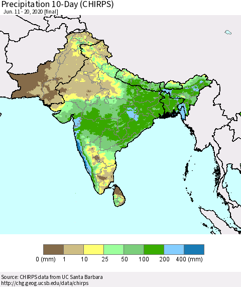 Southern Asia Precipitation 10-Day (CHIRPS) Thematic Map For 6/11/2020 - 6/20/2020