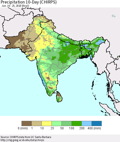 Southern Asia Precipitation 10-Day (CHIRPS) Thematic Map For 6/16/2020 - 6/25/2020