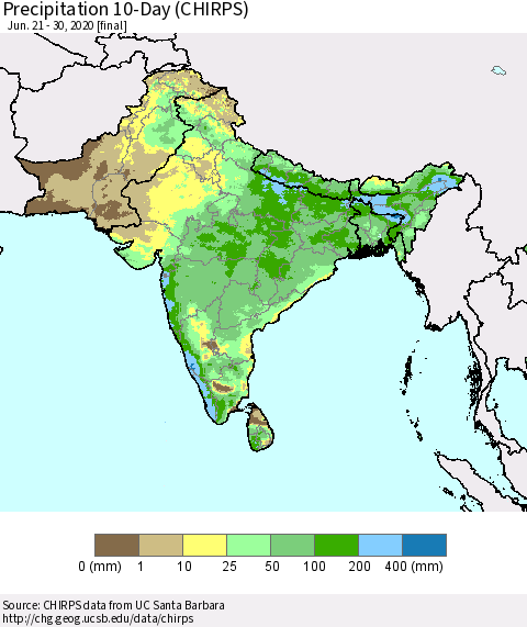 Southern Asia Precipitation 10-Day (CHIRPS) Thematic Map For 6/21/2020 - 6/30/2020