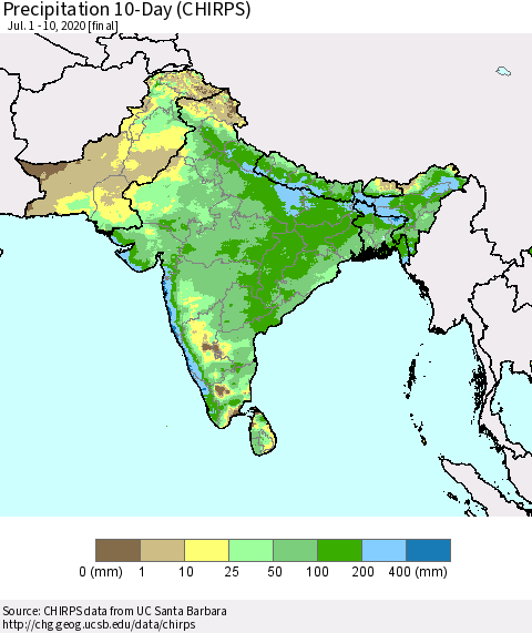 Southern Asia Precipitation 10-Day (CHIRPS) Thematic Map For 7/1/2020 - 7/10/2020