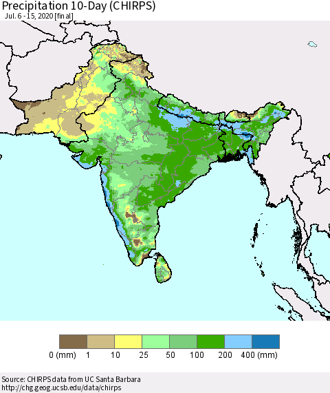 Southern Asia Precipitation 10-Day (CHIRPS) Thematic Map For 7/6/2020 - 7/15/2020