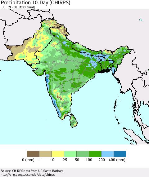 Southern Asia Precipitation 10-Day (CHIRPS) Thematic Map For 7/21/2020 - 7/31/2020