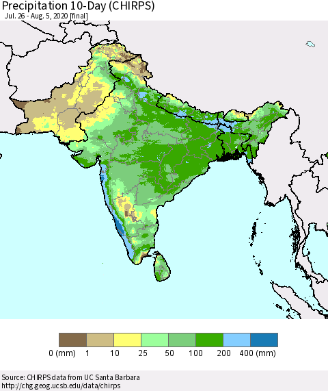 Southern Asia Precipitation 10-Day (CHIRPS) Thematic Map For 7/26/2020 - 8/5/2020