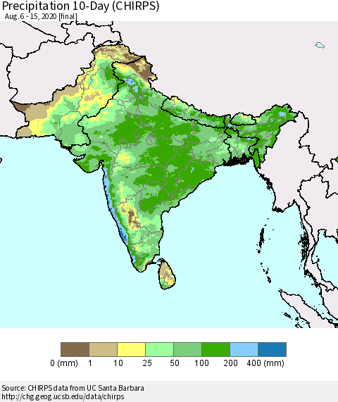 Southern Asia Precipitation 10-Day (CHIRPS) Thematic Map For 8/6/2020 - 8/15/2020
