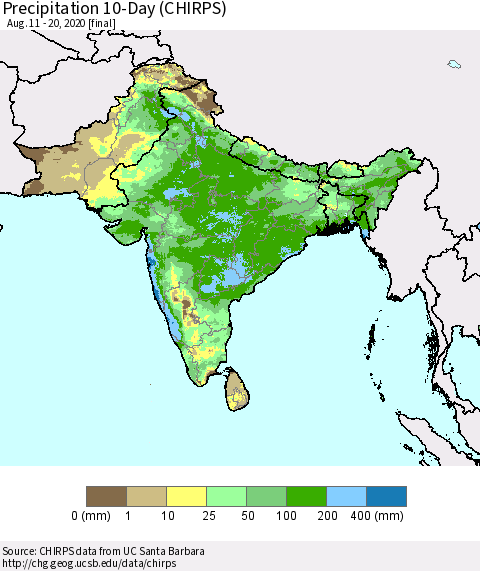 Southern Asia Precipitation 10-Day (CHIRPS) Thematic Map For 8/11/2020 - 8/20/2020