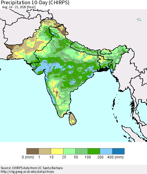 Southern Asia Precipitation 10-Day (CHIRPS) Thematic Map For 8/16/2020 - 8/25/2020
