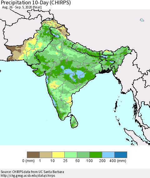 Southern Asia Precipitation 10-Day (CHIRPS) Thematic Map For 8/26/2020 - 9/5/2020