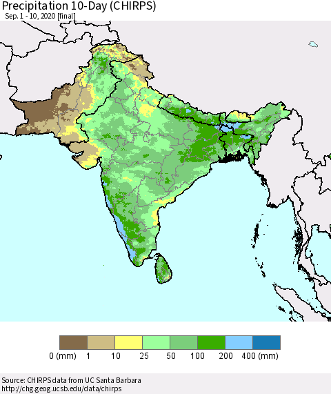 Southern Asia Precipitation 10-Day (CHIRPS) Thematic Map For 9/1/2020 - 9/10/2020