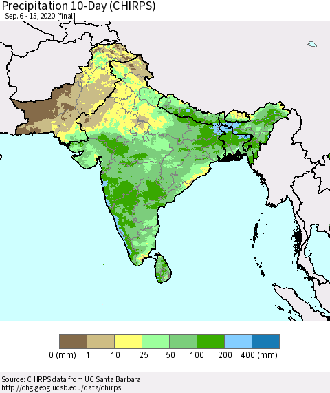 Southern Asia Precipitation 10-Day (CHIRPS) Thematic Map For 9/6/2020 - 9/15/2020