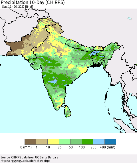 Southern Asia Precipitation 10-Day (CHIRPS) Thematic Map For 9/11/2020 - 9/20/2020